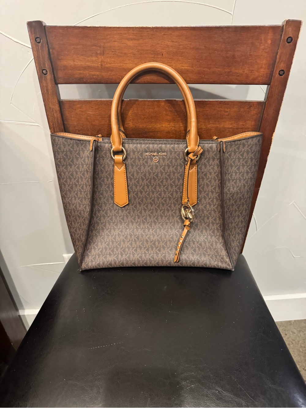 Michael Kors Brown Monogram Tote with Tan Leather Handles